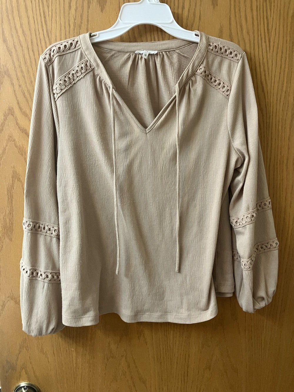 Maurices Beige Tie-Front V-Neck Blouse with Eyelet Trim
